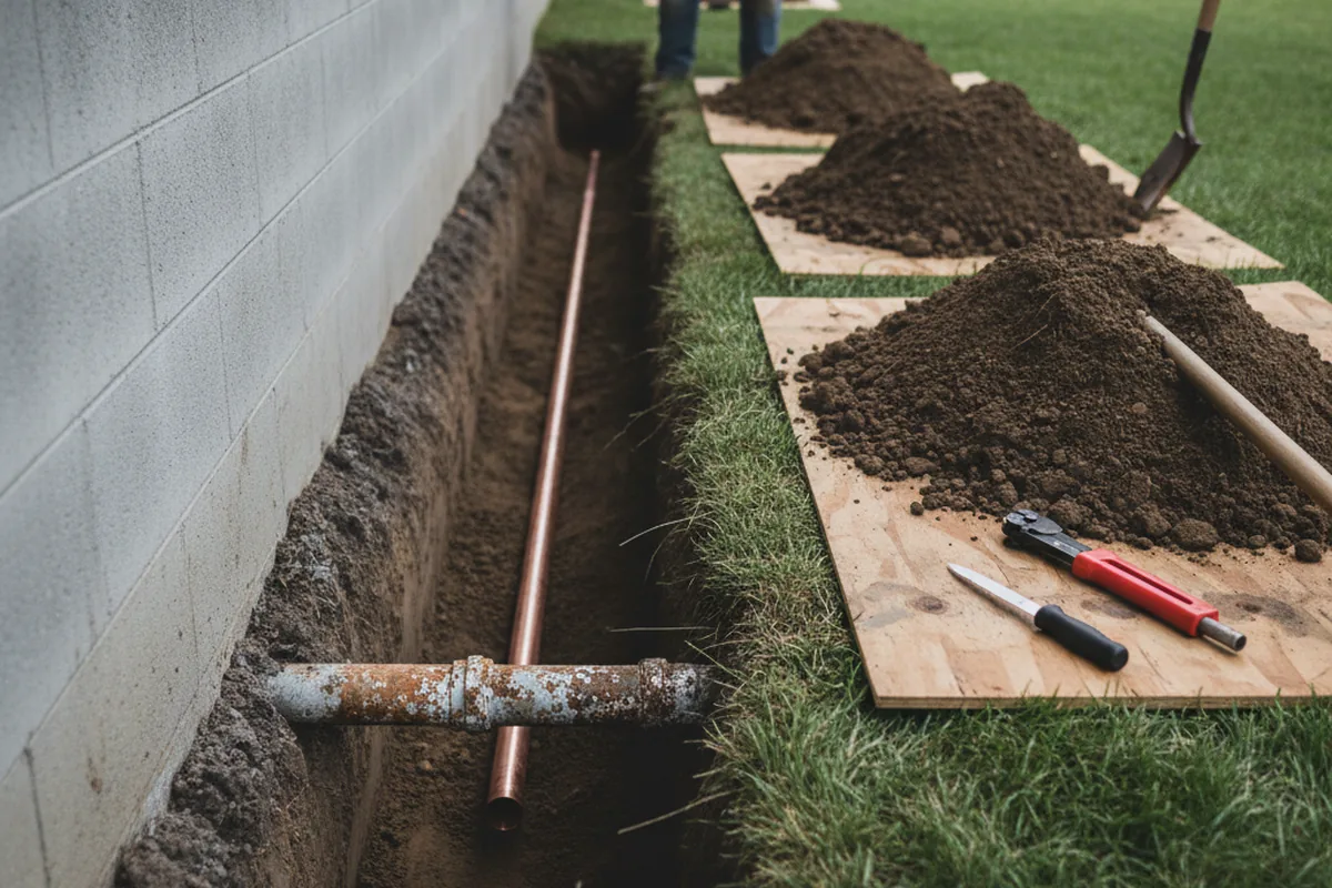 Excavated water line trench during Water Heater Repair in Cedar Bluff